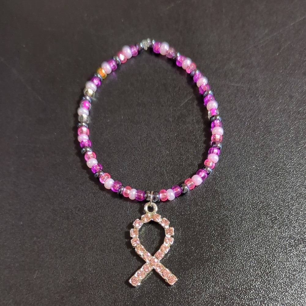 Pink Breast Cancer Beaded Bracelet with Ribbon Charm